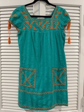Joy Joy Teal Top with Orange Cross-Stitch Detail